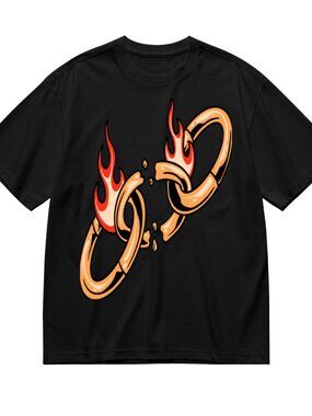 Graphic Black Tee with Fiery Broken Rings